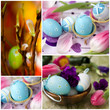 Easter Eggs, Tulips and twigs of willow. Collage.