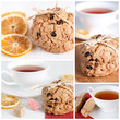 Homemade cookies and tea for a delicious breakfast. Collage.