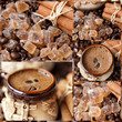 Coffee, coffee beans, brown sugar and cinnamon. Collage.