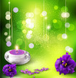 vector background with romantic violets and candles on a green b vector background with romantic violets and candles on a green b