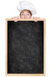 Funny chef showing blackboard menu sign