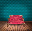 vintage red luxury armchair and in blue wallpaper room
