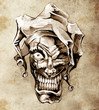 Fantasy clown joker. Sketch of tattoo art over dirty background