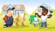 funny cartoon workers painting chaise-longues