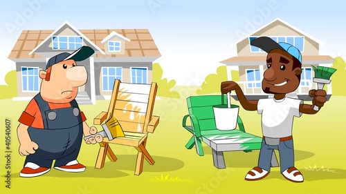 Illustration: funny cartoon workers painting chaise-longues funny cartoon workers painting chaise-longues