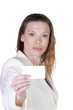 Businesswoman Holding a Blank Business Card Businesswoman Holding a Blank Business Card