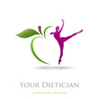 Logo diet, dietician. Dancer and green apple # Vector