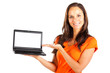 casual woman presenting laptop