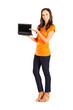 casual woman presenting laptop