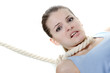 young woman with rope on her neck over white