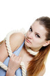 young woman tied up with rope over white