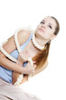 young woman tied up with rope over white