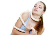 young woman tied up with rope over white