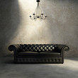 Vintage antique tufted modern classic black sofa, grunge wall