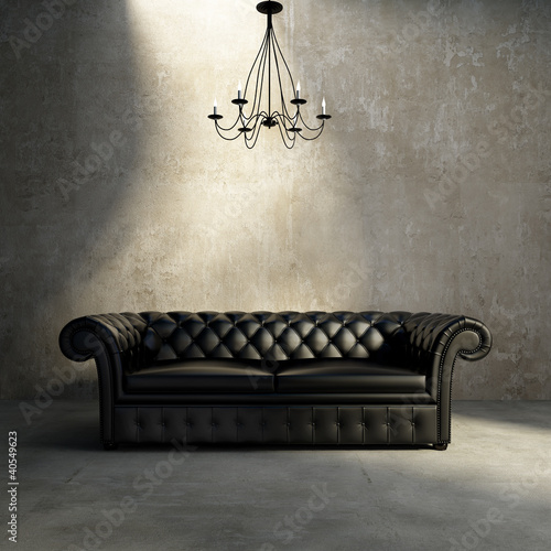 Illustration: Vintage antique tufted modern classic black sofa, grunge wall Vintage antique tufted modern classic black sofa, grunge wall