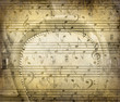 Fondo grunge per concerto, arte, con poltrona e note musicali.