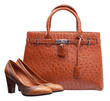 Pair of terracotta women shoes and handbag over white