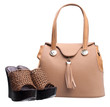 Pair of women open-toe clogs and handbag over white