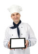 Photo: Chef showing a tablet pc with blank screen Chef showing a tablet pc with blank screen