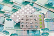 Closeup pills against money background
