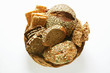 Various types of wholemeal bread & crispbread in bread basket