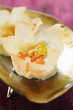 Filled won tons with trout caviare and quails egg