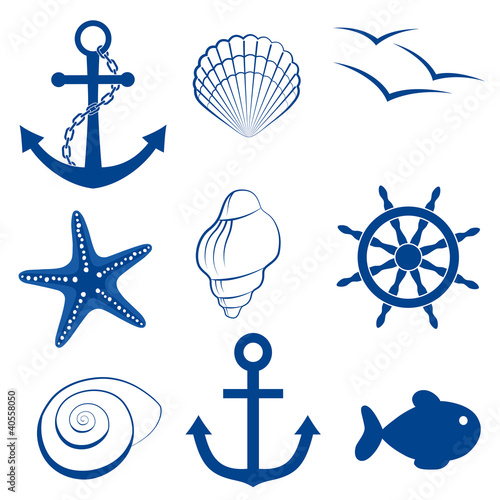 Vector: Sea set shell fish anchor wheel starfish Sea set shell fish anchor wheel starfish