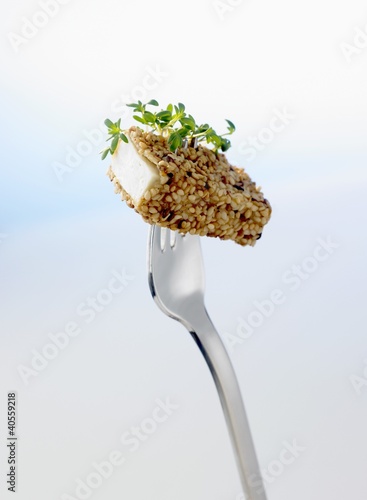 Foto: Sesame tofu on fork Sesame tofu on fork
