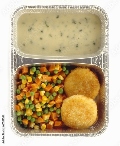 Photo: Coley fish cakes with dill sauce and vegetables Coley fish cakes with dill sauce and vegetables