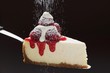 Slice of cheesecake with raspberries, cream, icing sugar on server