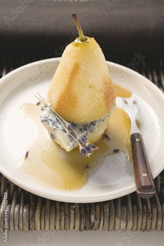 Photo: Poached pear with blue cheese and lavender flowers Poached pear with blue cheese and lavender flowers
