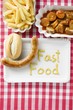 Sausage with bread roll and mustard, Currywurst with chips