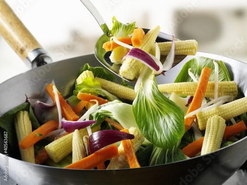 Photo: Vegetables and baby corn cobs in wok Vegetables and baby corn cobs in wok