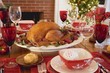 Roast turkey on Christmas table in front of fireplace