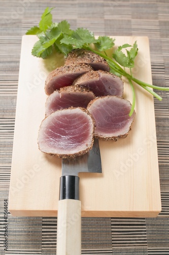 Photo: Seared, seasoned tuna fillet with coriander leaves Seared, seasoned tuna fillet with coriander leaves