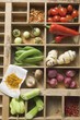 Various types of vegetables, spices & mushrooms in type case