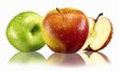 Fresh apples (green, red & yellow) with drops of water & reflection