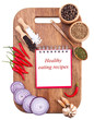 Open notebook and fresh vegetables on an old wooden cutting boar