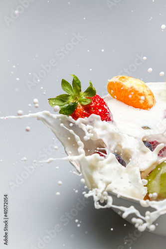 Photo: Breakfast splash with milk and fresh fruits Breakfast splash with milk and fresh fruits