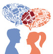 Female and man's silhouettes with bubbles of thoughts