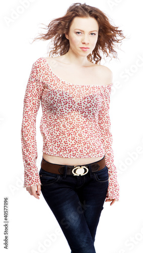 Photo: Beautiful red-haired model on white background Beautiful red-haired model on white background