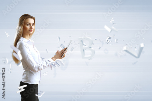 Illustration: Woman in business wear with technology background Woman in business wear with technology background