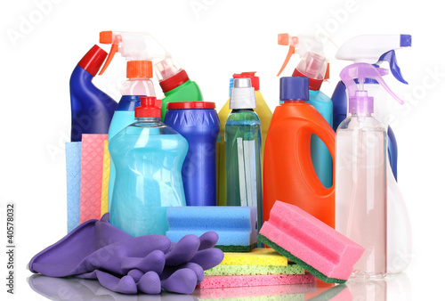Photo: Cleaning items isolated on white Cleaning items isolated on white