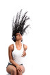 afro-american woman with long flapping hairs in headphones isola afro-american woman with long flapping hairs in headphones isola