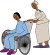 Vector: Young black nurse attending to patient in wheelchair Young black nurse attending to patient in wheelchair