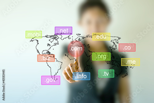 Illustration: Business woman hand touching on Domain names icon Business woman hand touching on Domain names icon
