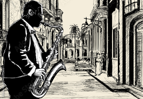 Vector: saxophonist in a street of Cuba saxophonist in a street of Cuba