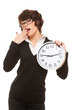 studio portrait of tired woman with clock studio portrait of tired woman with clock
