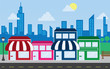 Store front strip mall stores and city skyline