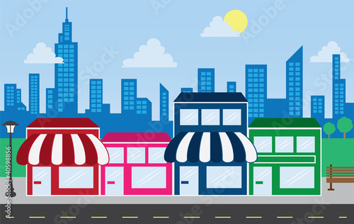 Vector: Store front strip mall stores and city skyline Store front strip mall stores and city skyline